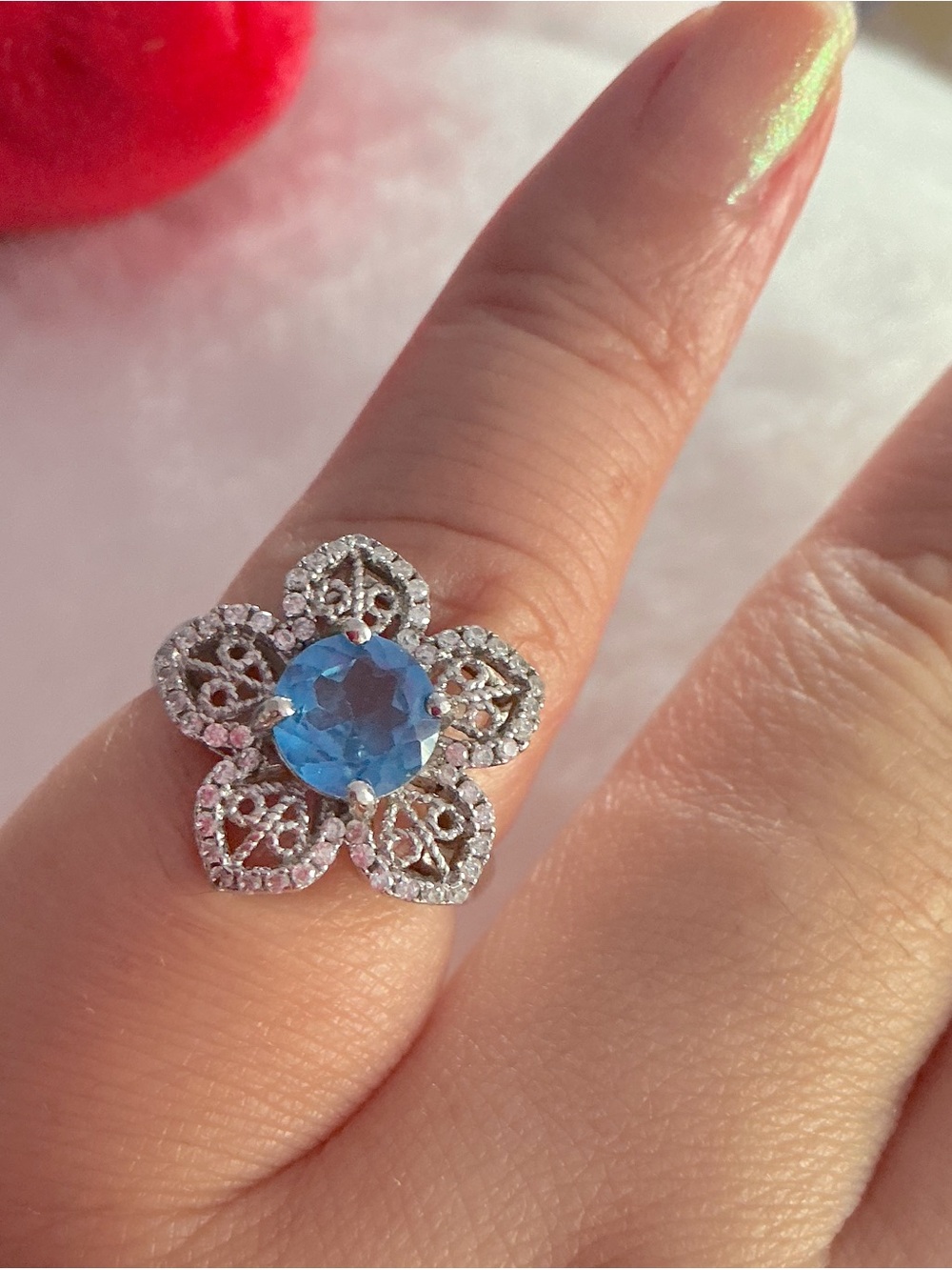Sterling Silver 925 Floral Halo Ring Natural Sri Lanka Sapphire